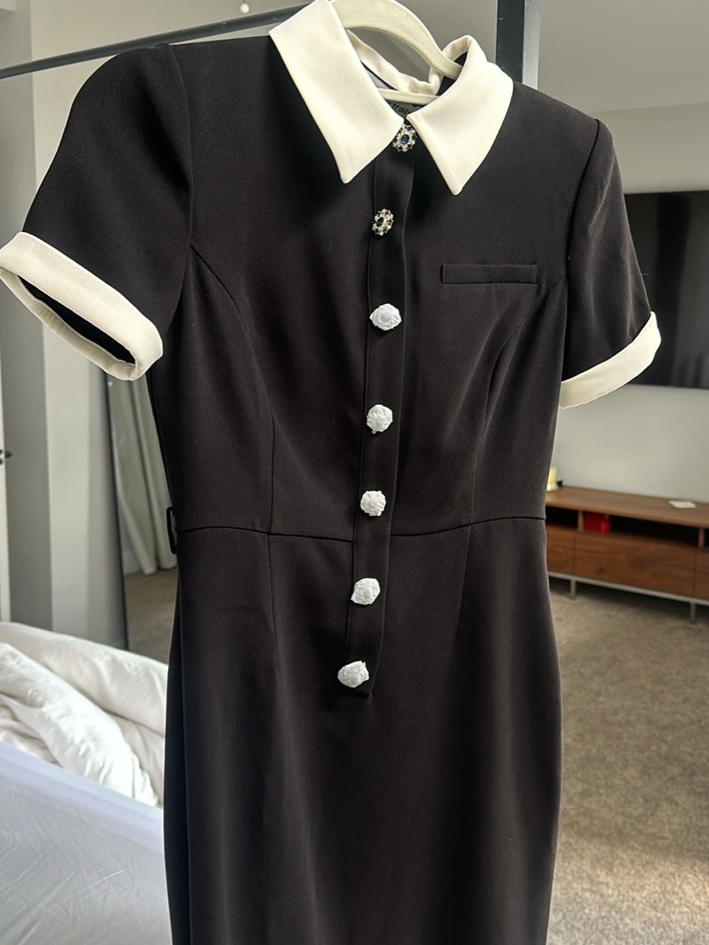 Self-Portrait Black Midi Dress with Cream Collar and Cuffs